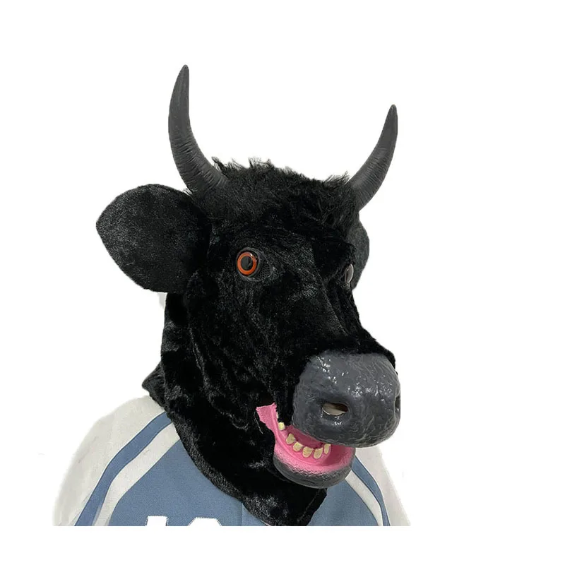 

Realistic Moving Mouth Horn Mask Horror Black Cow Plush Headsuit Halloween Carnival Masquerade Party Animal Costume Cosplay Prop