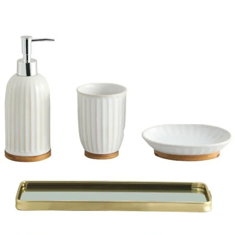 Japanese Ceramic Bathroom Four-piece Wash Set Soap Dispenser Mouthwash Cup Tray Home Accessories