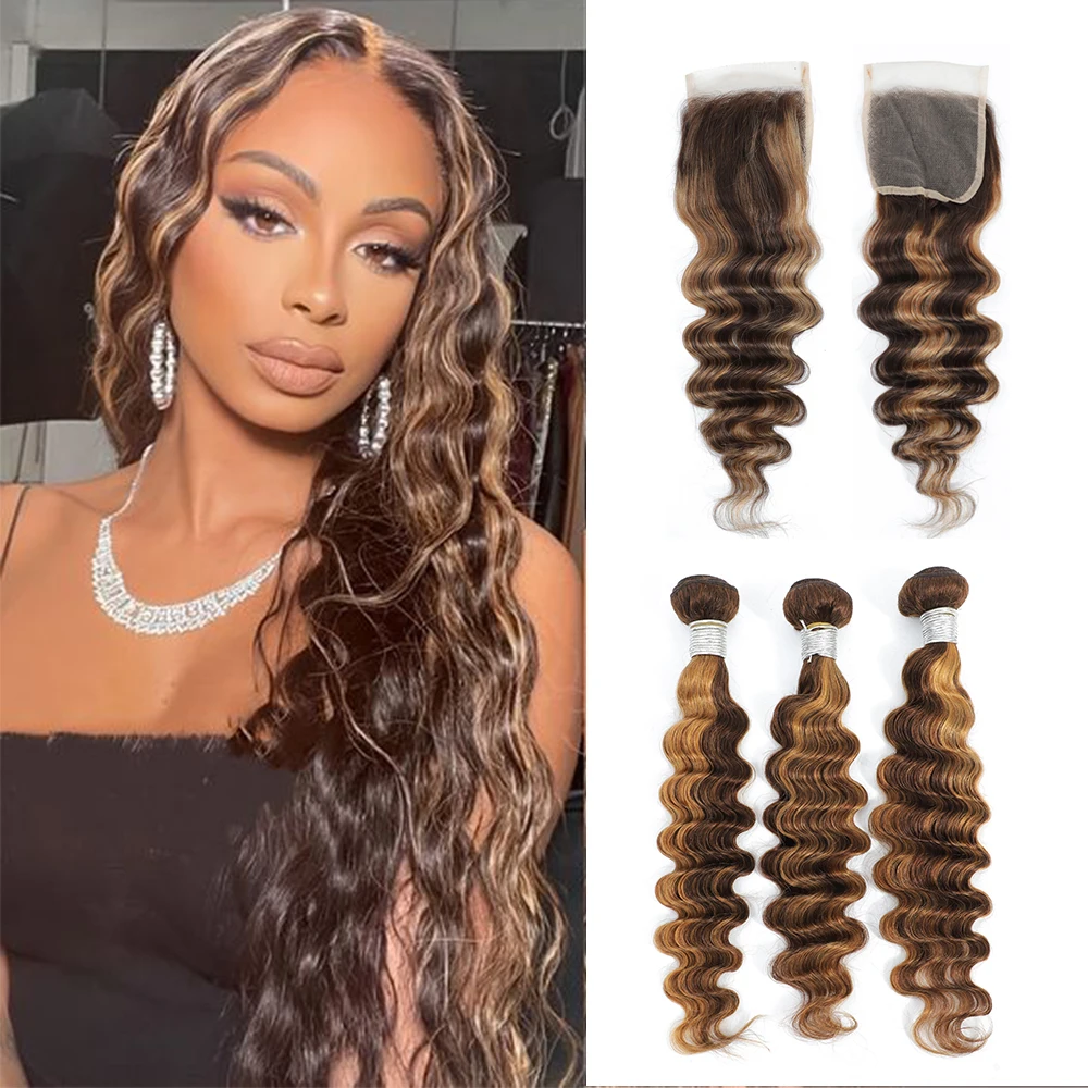 Linhua Highlight Loose Deep Wave Human Hair Bundles With Closure Transparent Lace Closure With Bundles 3 / 4 Bundles With Closue