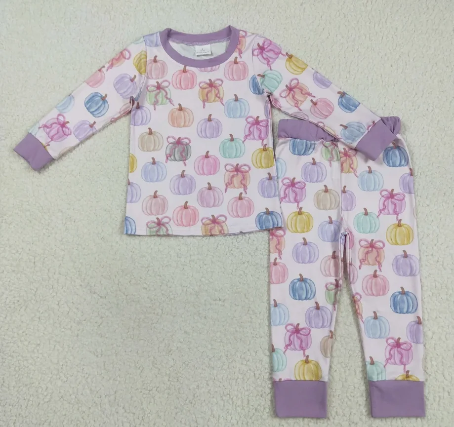 

Baby Girl Long Sleeves Pumpkins Bows Shirt Children Pants Purple Set Pajamas Toddler Kids Outfits Thanksgiving Clothes