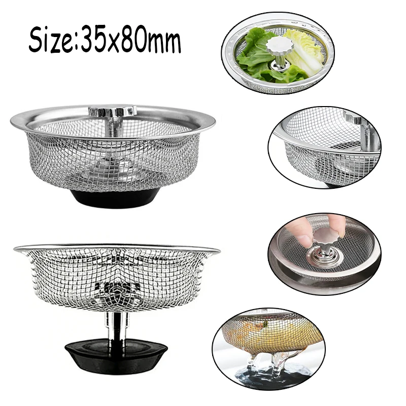 Durables Stainles Steel Kitchen Sink Strainer with Handle Stopper Replaceable Drain Basket Filter Mesh for Waste Hole Easy Clean