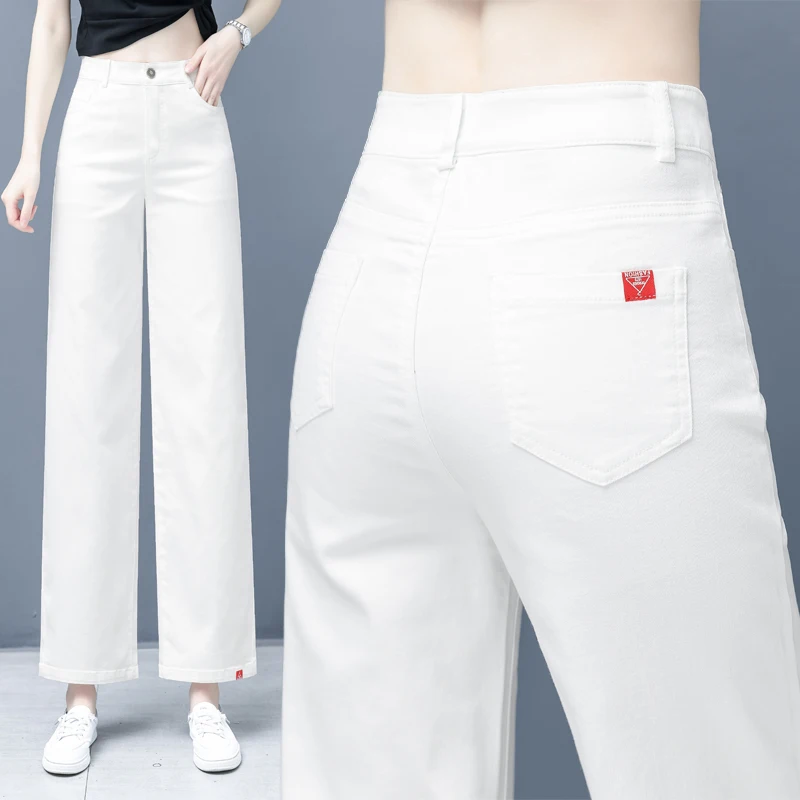 

Брюки с высокой талией и широкими штанинами, женские повседневные хлопковые джинсовые брюки, весна-лето, новый стиль, свободный крой, прямые брюки Dreamy