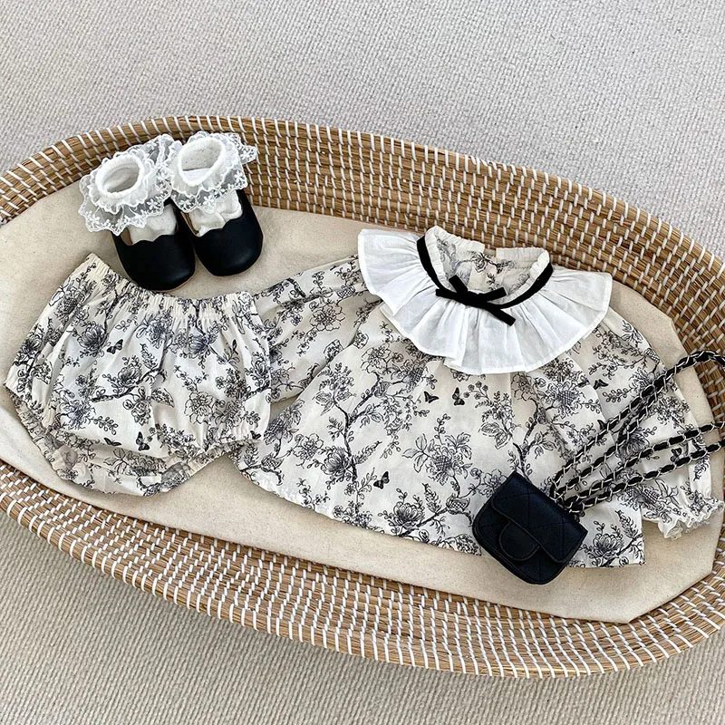 2024 Autumn Baby Clothes Set 0-3Y Sweet Lace Lotus Leaf Collar Blouse and Bloomer 2Pcs for Baby Girl Toddler Floral Top Suit