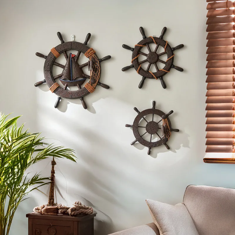 Mediterranean Style Small Boat Steering Wheel Rudder Wall Hanging Home Decor Bar Background Wall Artistic Home Decor Accessories