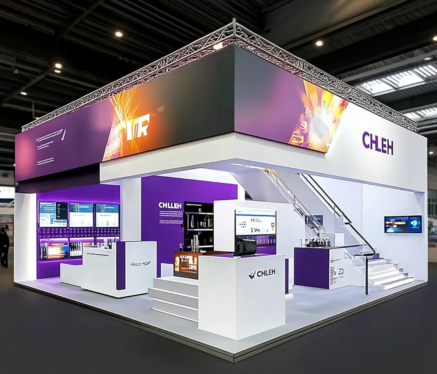 Cabine modular de duas histórias com design de suporte de exposição de luminares criativos de deck duplo personalizado para qualquer show comercial