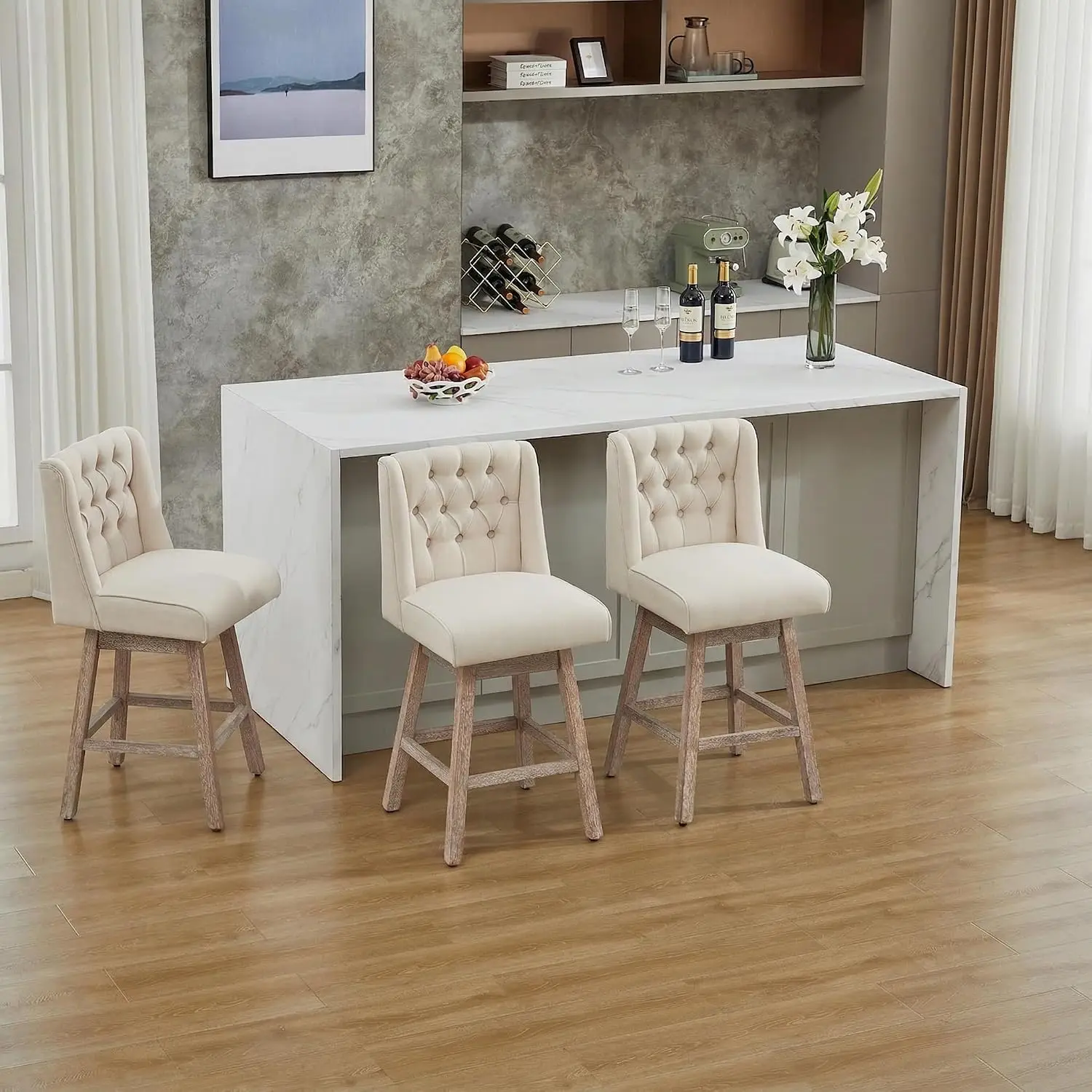 Swivel Bar Stools Set of 3 with Back Wood Legs 28