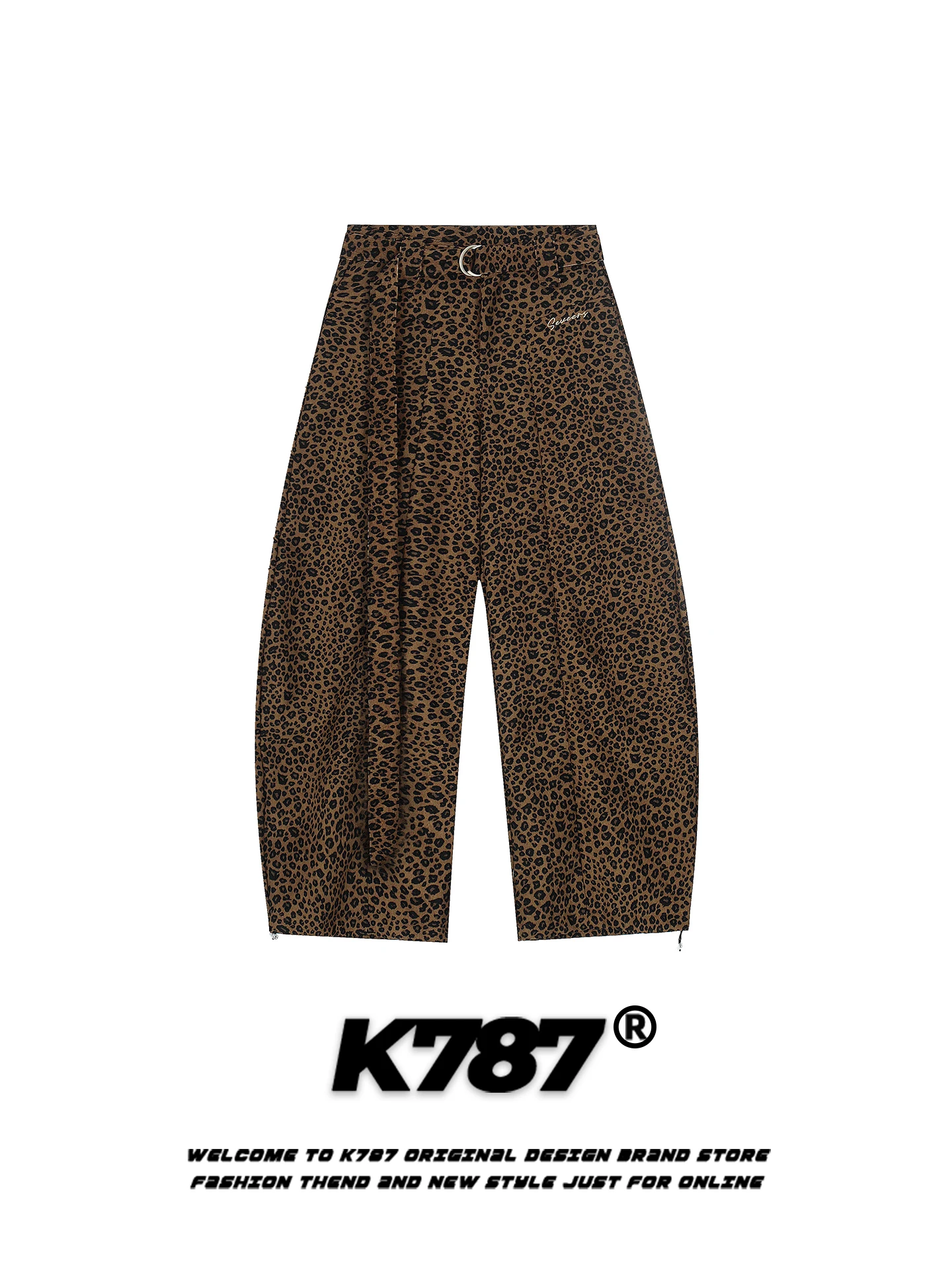 

Брюки унисекс K787 в американском ретро-стиле с леопардовым принтом, на поясе, повседневные, свободные, широкие штанины, с высокой талией, уличный стиль, свободный крой