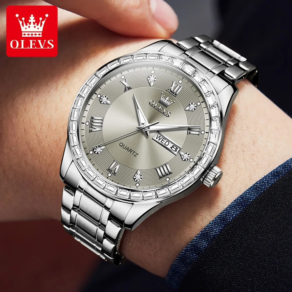 OLEVS 9906 Diamond Men\'s Watches High Quality Stainless steel Date Calendar Roman Dial Waterproof Wristwatch Hand Clock for Men