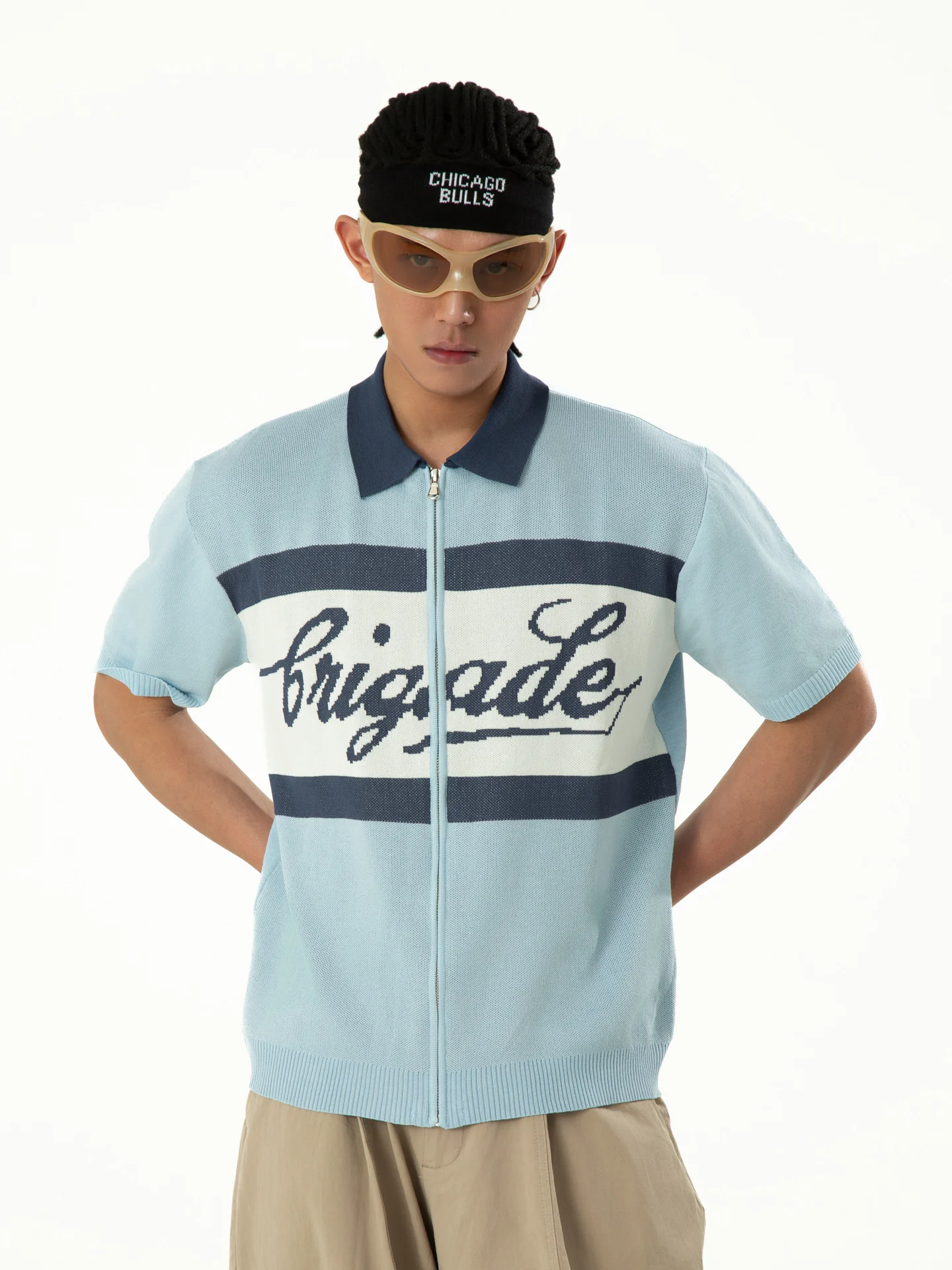 

CLP Blue White Zipper Shirt Knitted Casual Sport Short Sleeve Men's Turn-down Collar Loose Trendy T-shirt Citylaziestplayer