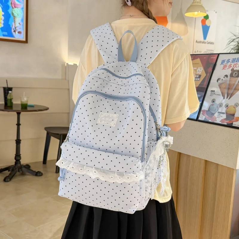 Korean Style Sweet Polka‑dot Lace Backpack Nylon Large‑capacity School Bag Cute Bow Decor Girls Daily Travel Shoulder Backpack