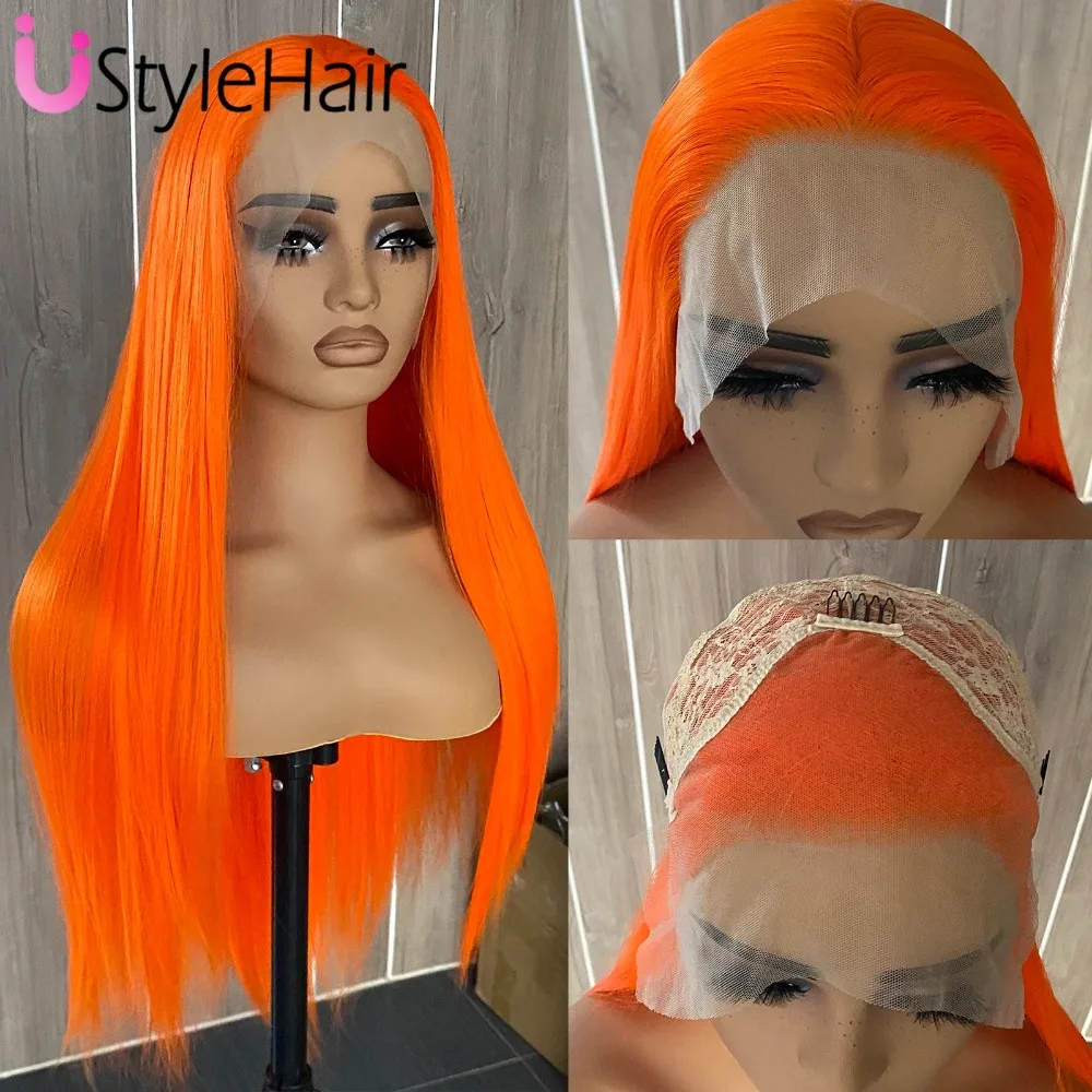 

Orange Long Silky Straight Wig Synthetic Lace Front Wig for Women Natural Hairline Daily Use Cosplay Party Hair