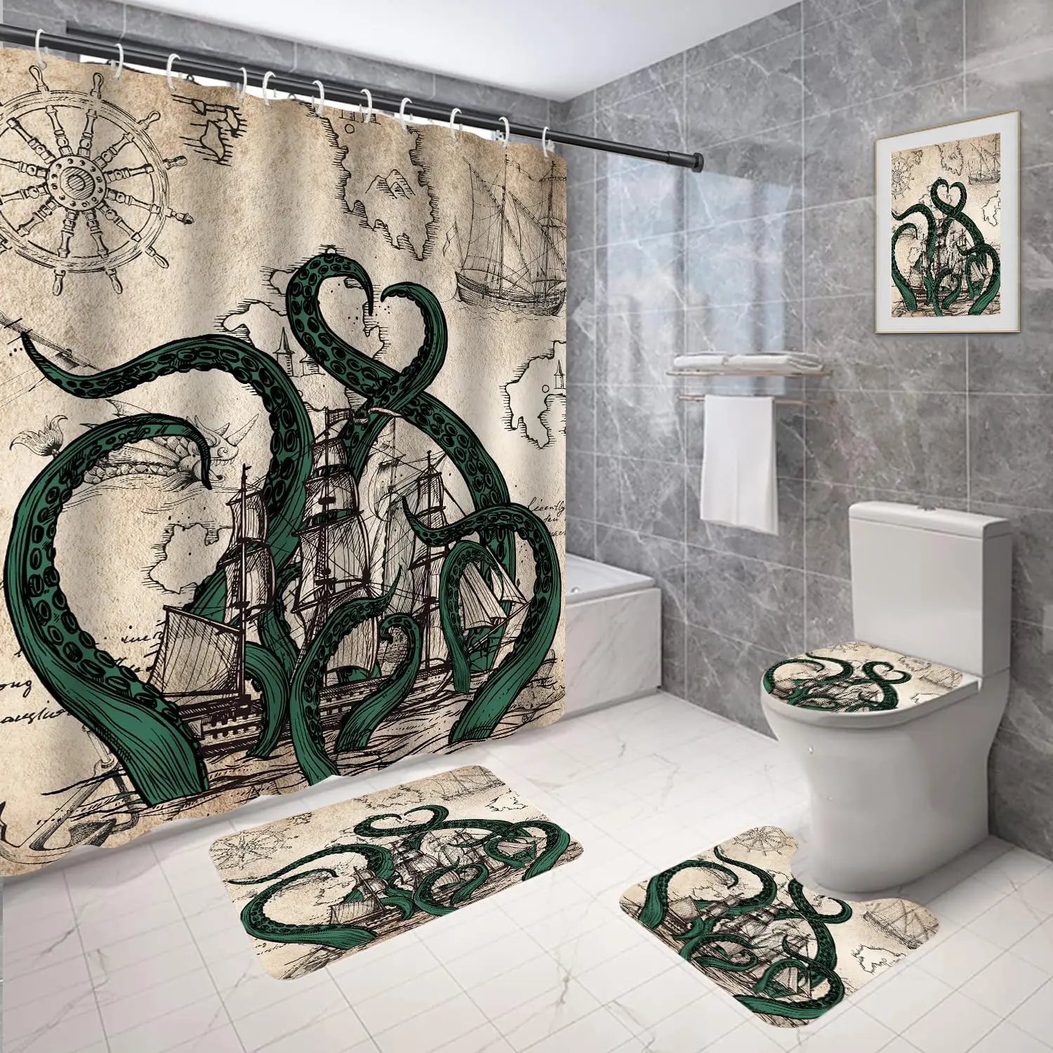 

Vintage Octopus Shower Curtain Set Nautical Funny Fun Ocean Cool Kraken Pirate Ship World Map Toilet Lid Cover U Shaped