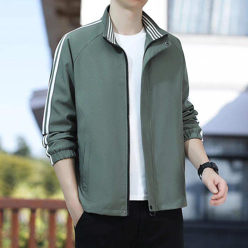 

Casual Early Spring Autumn Men's Jaet Trendy Stand Collar Youth Outerwear Loose Fit Long Sve Windproof Zipper Closure