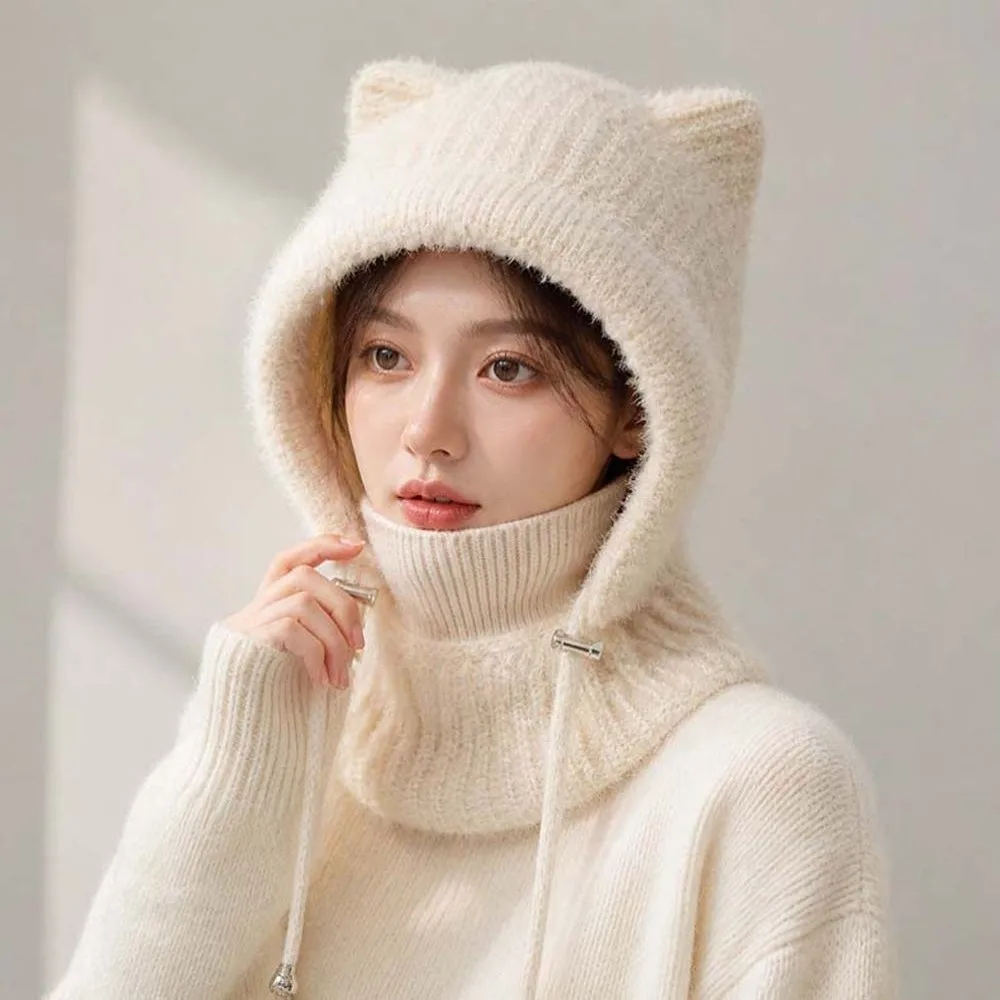 Japanese Style Cap Windproof Cat Ears Beanie Thickened Crochet Hooded Scarf Hat Cozy Integrated Mask Neck Warmer Cycling