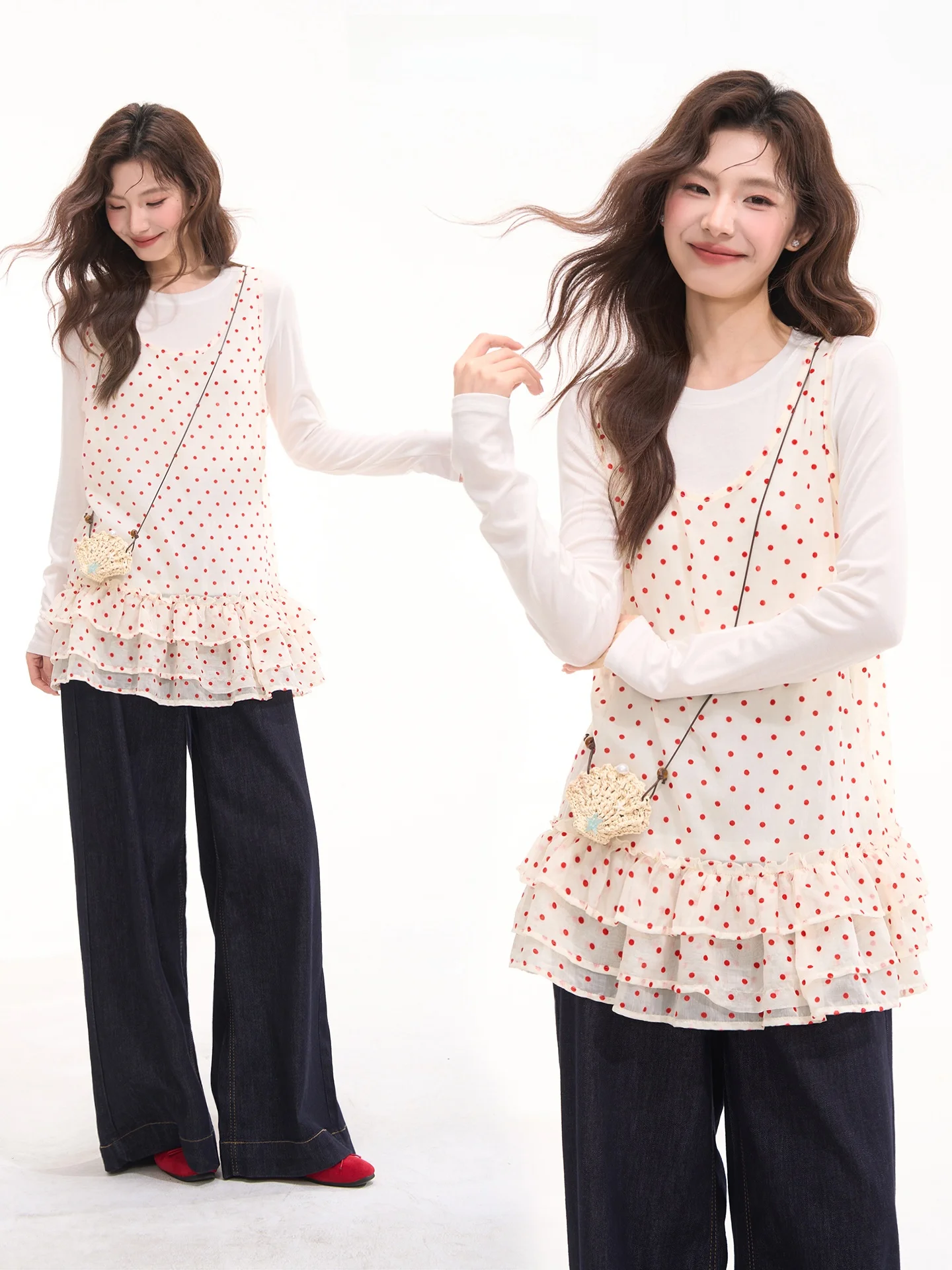 

Fashionable Sweetheart Polka Dot Sleeveless Shirt Women's Summer Top Heme Cloud between Letters Window Hydrangea Field Display