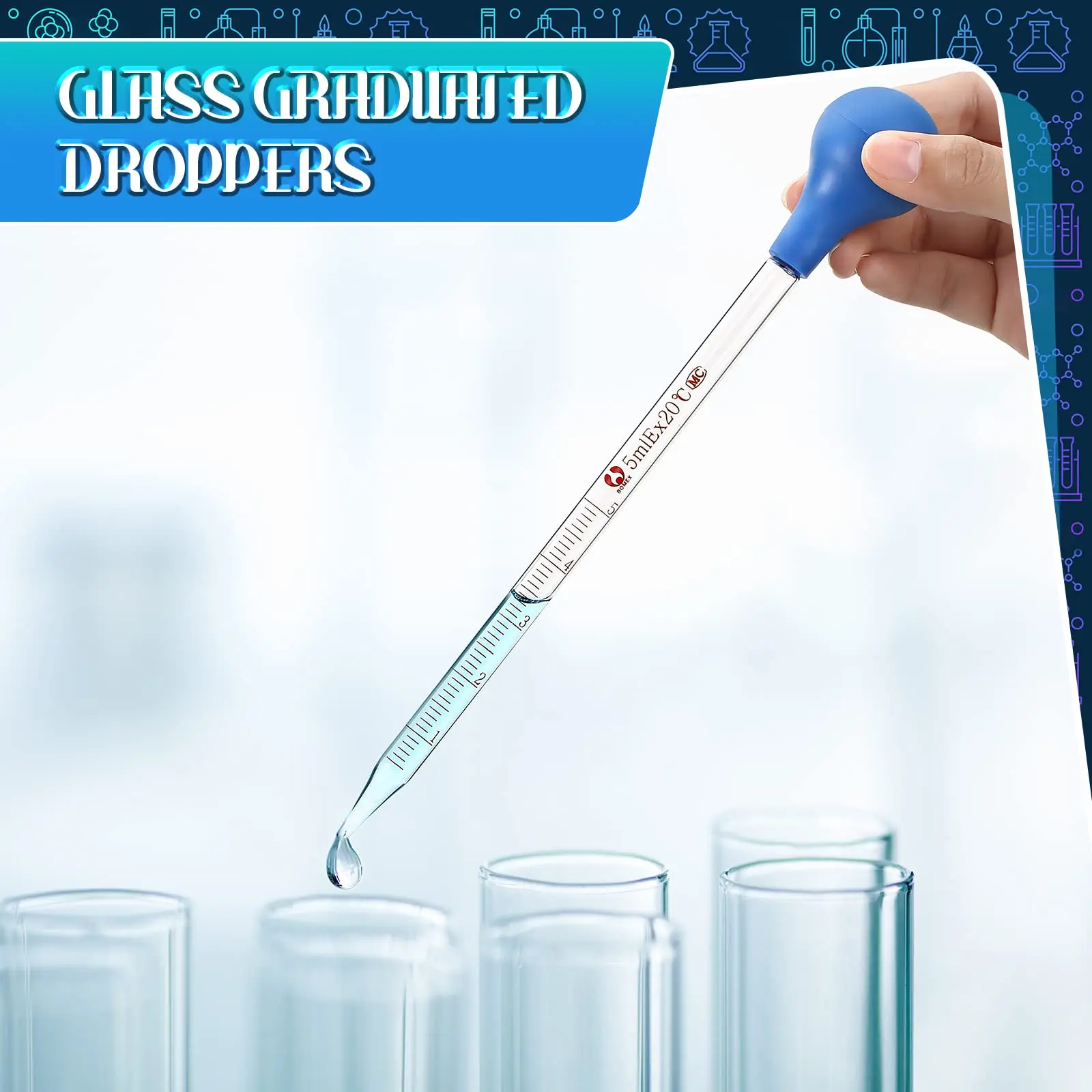 Glass Graduated Droppers Lab Pipettes Dropper Glass Liquid Pipette with Big Rubber Hats 20 cm Glass Stir Rod  (16 Pieces, 5 ml)