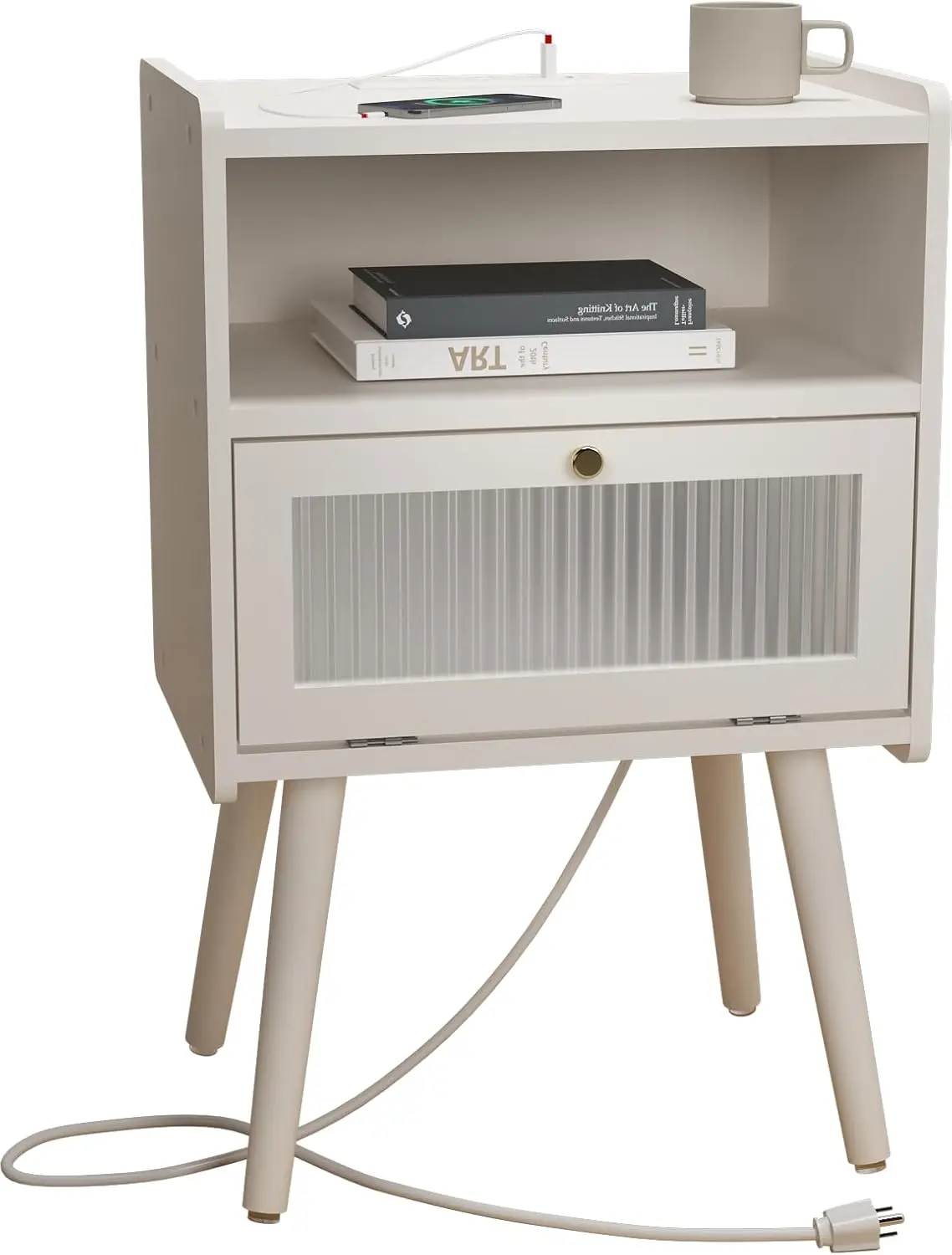 

Mid Century Modern Nightstand with Charging Station, Bedside Tables with Glass Decorative Door, End Table Side Table with 2 T