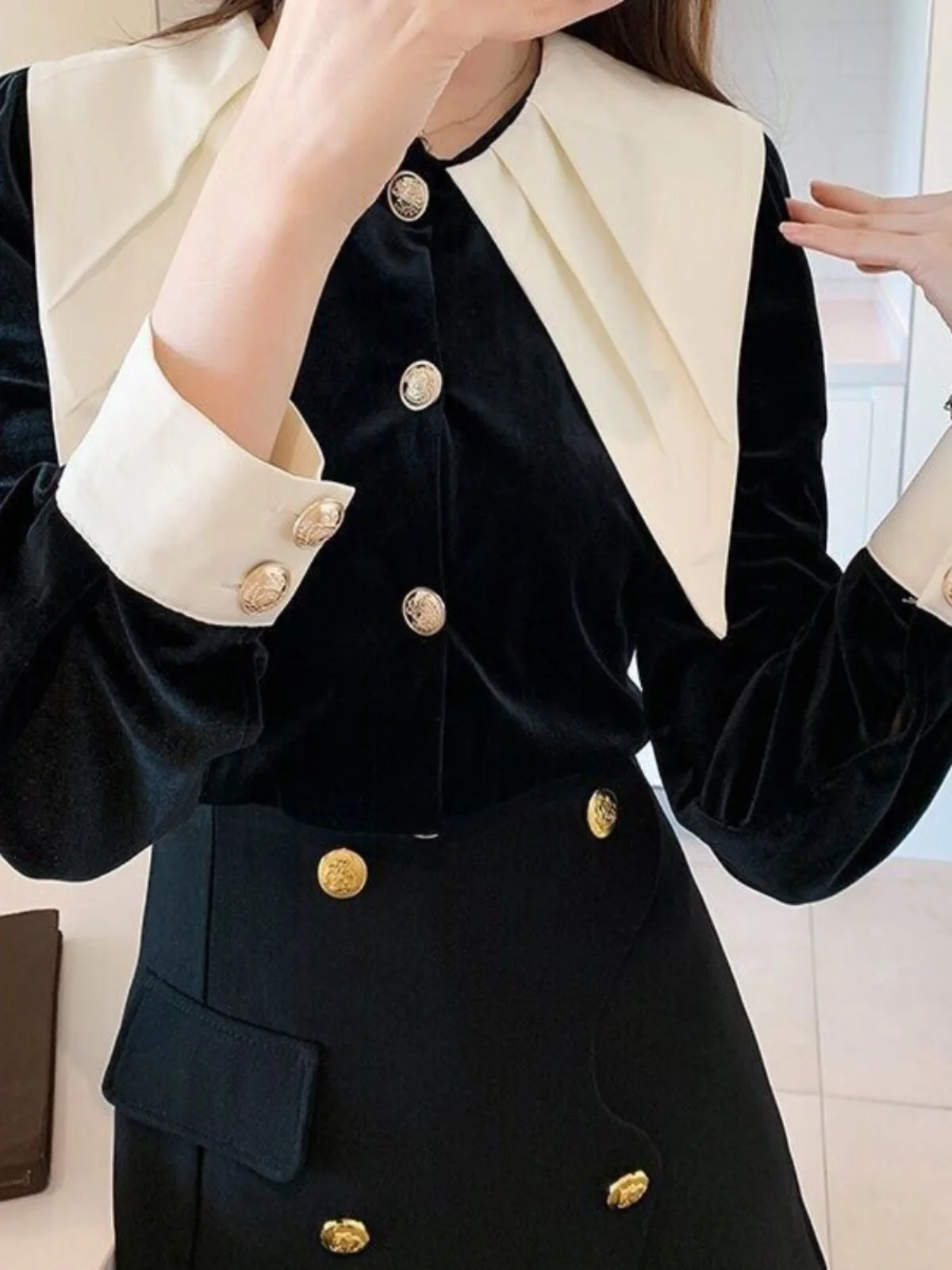 

Bla Velvet irt Women's Loose Long Sve Doll Collar Autumn 2023 New Sle Retro Feel Faion Polyester Fiber Casual Top