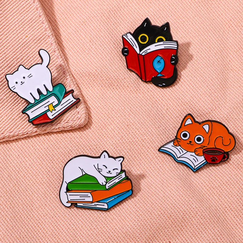 Cute Book Cat Brooch Fish Book Animal Palm Coffee Lazy Book Cat Metal Badge Punk Clothes Lapel Pins Jewelry Accessories Kid Gift