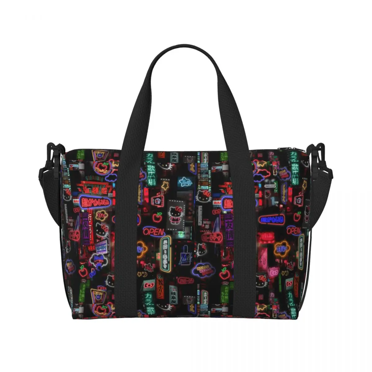 

Custom Anime Kitty Neon City Print Textile Beach Tote Bag Anime Cat Manga Cartoon Large Compartment Beach Gym Travel Bags