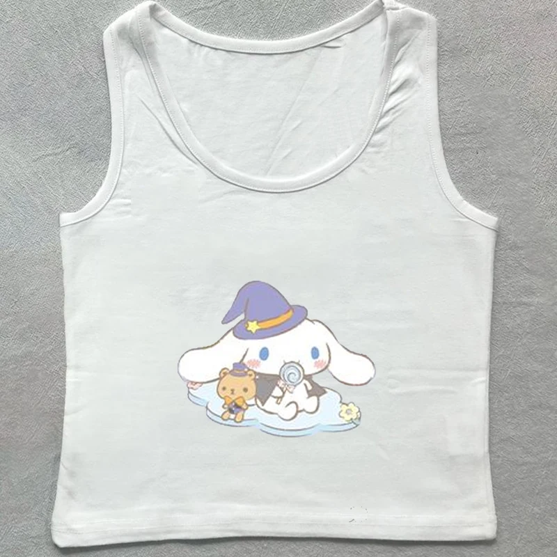 Sanrio Cinnamoroll Kawaii Cartoon Print Crop Y2K Slim Fit Versatile Fashion Cartoon Summer Clothes