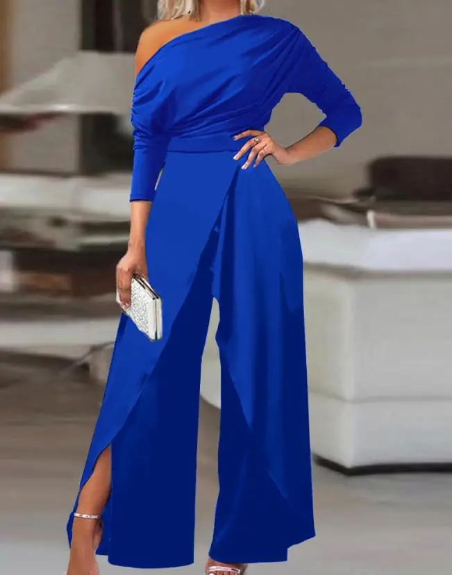 Women's wide leg jumpsuit 2024 spring/summer casual minimalist long sleeved pleated cold shoulder slit wide leg jumpsuit