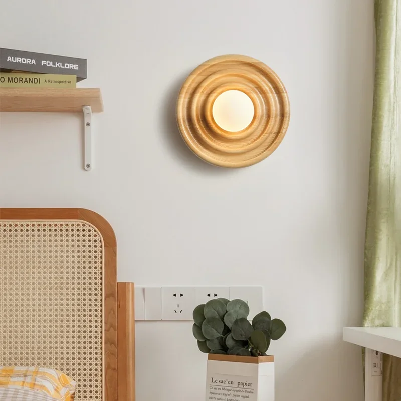 Nordic Circular Wooden Wall Lights Annual Round Walnut Color Sconce Wall Lamp Home Decor Decoration Maison Wall Lights for Home