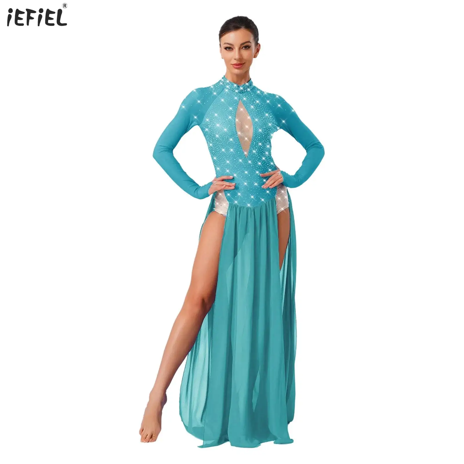 

Womens Shiny Rhinestone Chiffon Lyrical Dance Dress Long Sleeve Backless Slit Hem Maxi One Piece Leotard Dress Modern Dancewear