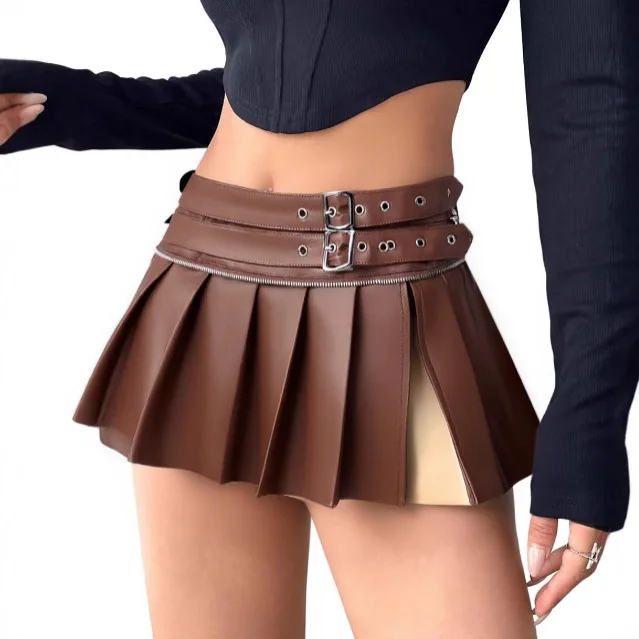 Sexy Buckle Belt PU Faux Leather Pleated Skirts Women Spring Fashion Mini Skirt Femal Y2k Mini Skirts Harajuku Vintage Summer