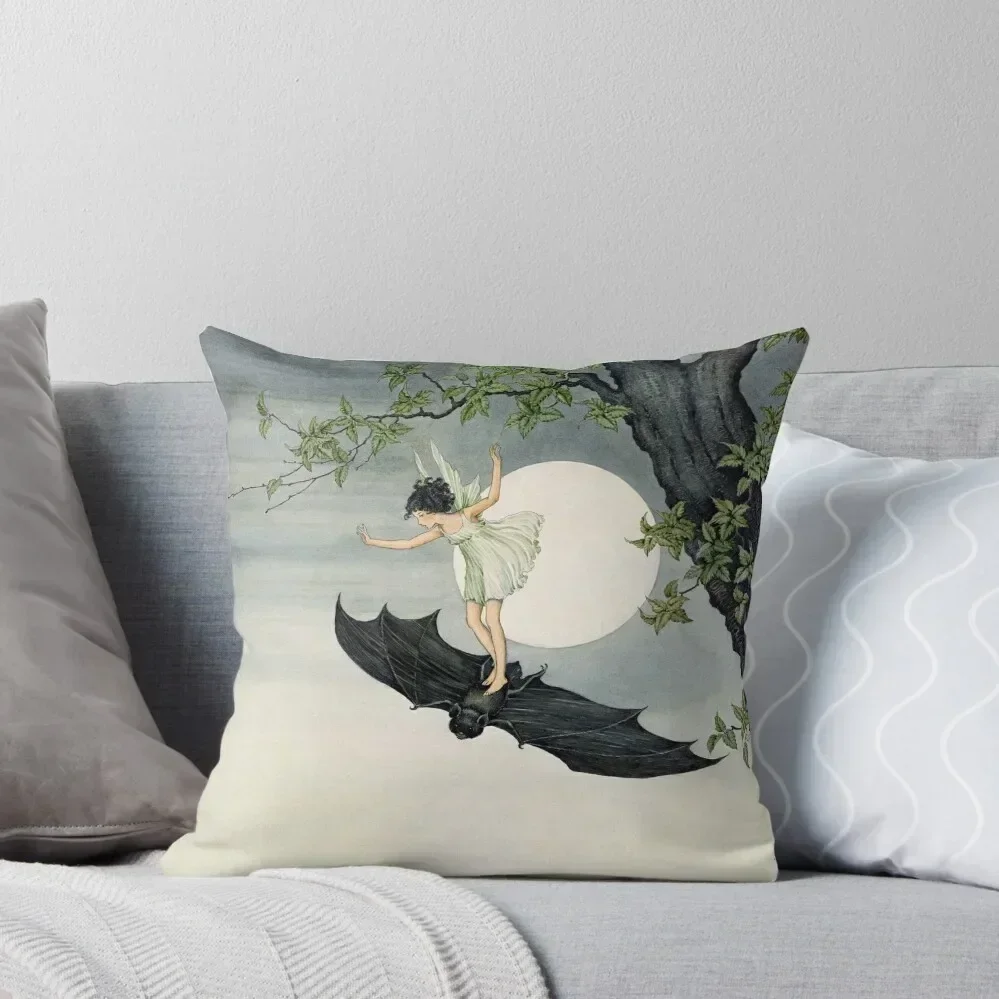 

Little Fairy Girl Riding a Bat #2 - Ida Rentoul Outhwaite Throw Pillow luxury covers Cushions Cover sleeping pillows pillow
