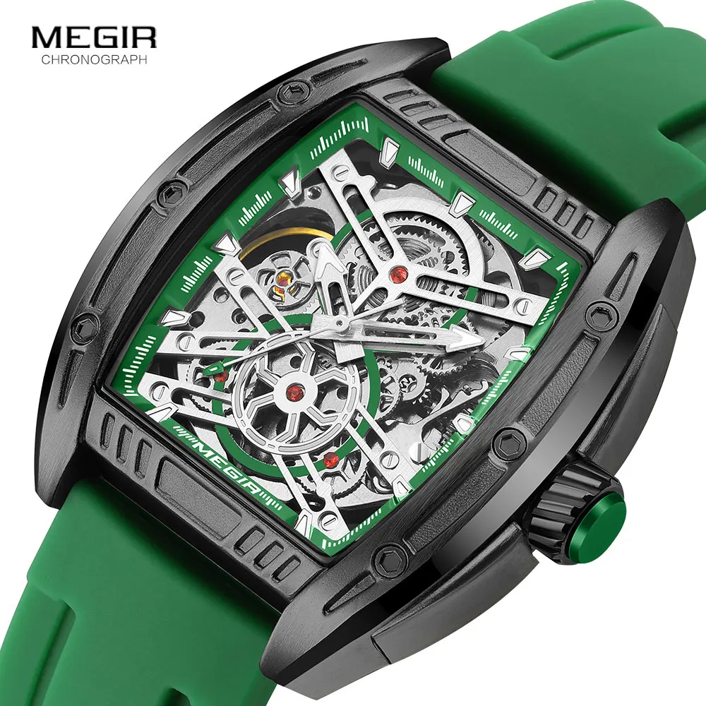 MEGIR Fashion Green Silicone Strap Mechanical Watch Men Military Sport Waterproof Analog Automatic Wristwatch with Tonneau Dial