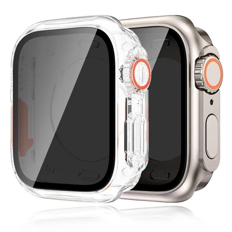Capa protetora de tela para Apple Watch Series 9 8 7 6 5SE, caixa de vidro temperado de privacidade, 40mm, 41mm, 44mm, 45mm, mudar para ultra
