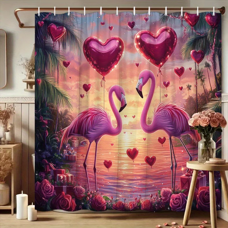 

Шторка для душа на День святого Валентина с изображением фламинго — дизайн «Морской закат», ткань из полиэстера, моющаяся, 70,8x70,8 дюйма, модный декор для ванной комнаты