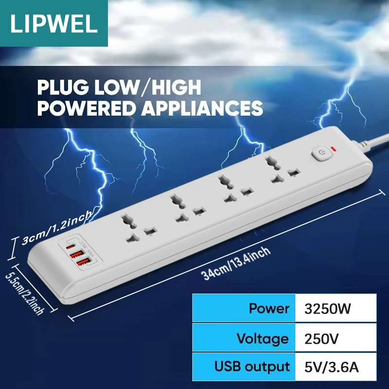 شريط طاقة آمن LIPWEL مع منافذ USB، توافق المكونات العالمية (المملكة المتحدة/الاتحاد الأوروبي/الولايات المتحدة/الاتحاد الأفريقي)، شريط طاقة قابل للتركيب على الحائط بقدرة 3250 وات للمنزل #4