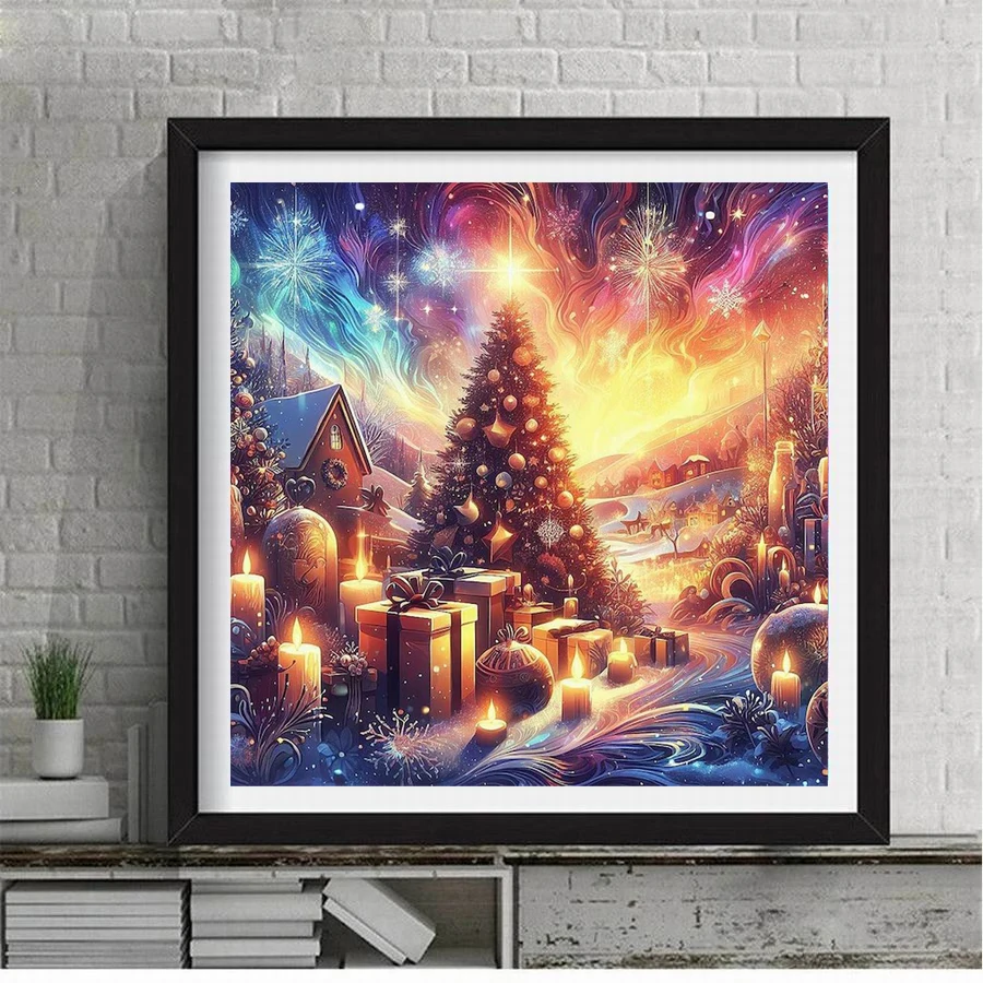 Fullcang New Diy Diamond Painting Town Gift Full Rhinestone Art Mosaic Embroidery Christmas Tree Scenery Picture Wall Decor