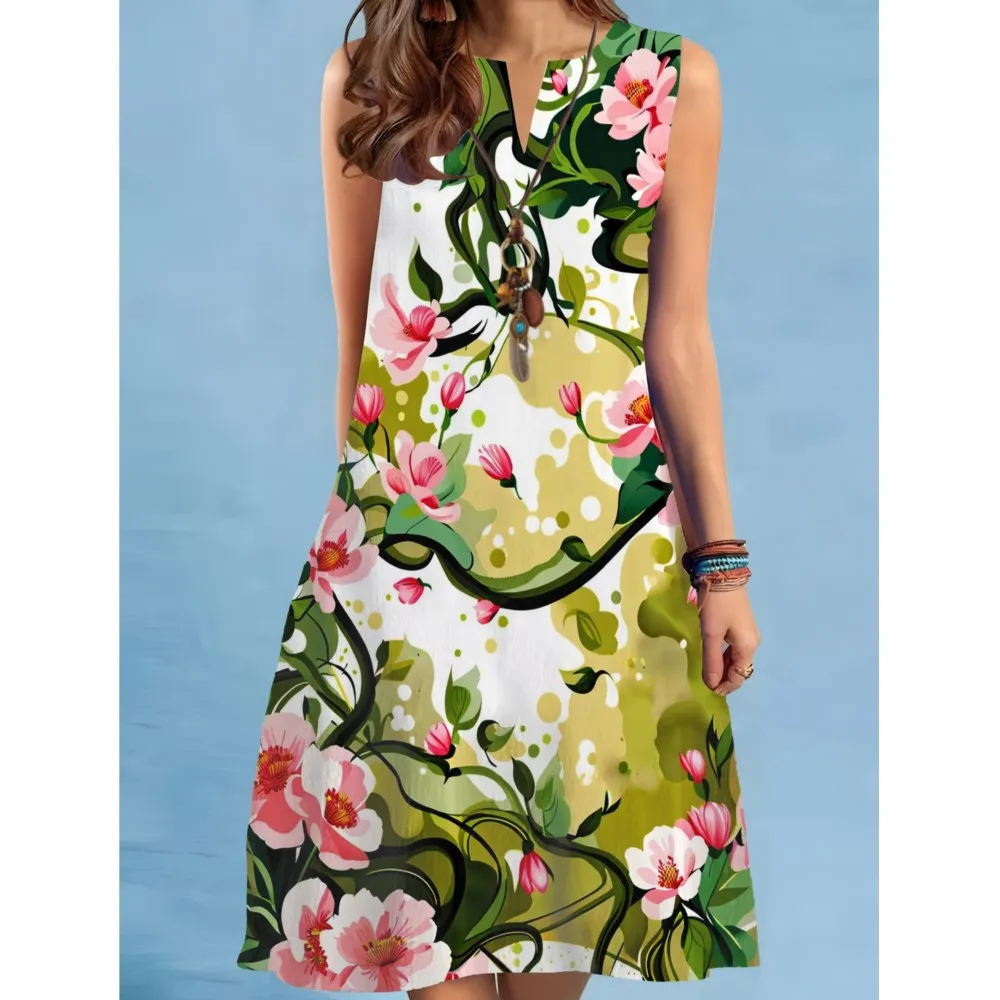 Vestido de vacaciones Retro con estampado Floral de verano para mujer, Vestido playero bohemio a la moda con cuello en V, vestido sin mangas para mujer 2025