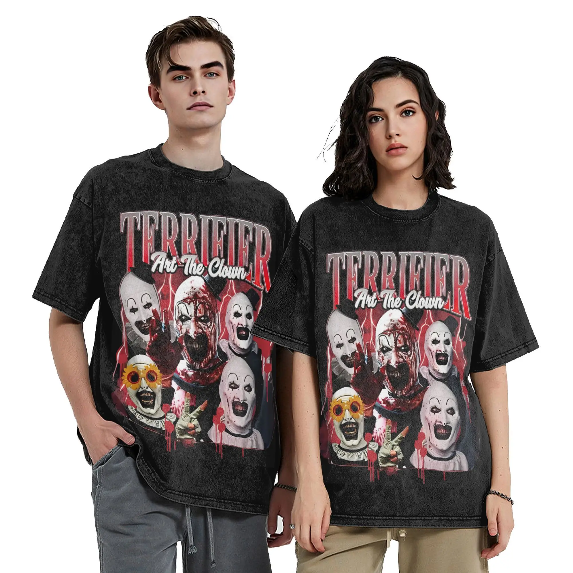 Terrifier Art The Clown Vintage Washed T-Shirts Men Women  Amazing Cotton Tees Crew Neck Short Sleeve T Shirts Gift Clothing