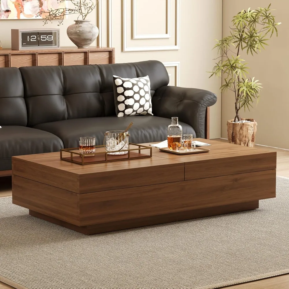 طاولة قهوة حديثة قابلة للتوسيع، 47.2-81.8 طاولة مركزية من خشب الجوز قابلة للتعديل مع مساحة تخزين مخفية كبيرة لغرفة المعيشة