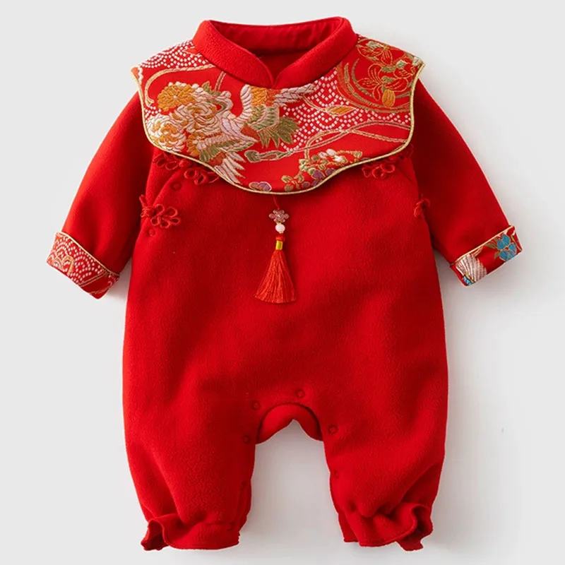 2-ピースセット秋冬幼児女の子服中国の新年刺繍フリース暖かい赤ベビーロンパース-よだれかけ新生児アイテム-b380