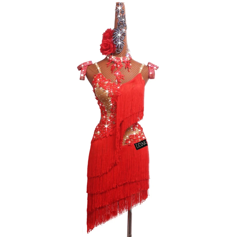 New Latin Dance Skirt Performance Competition Dress Adult Daughter Red Embroidered Tassel Rumba Shining Diamond Dance Dress