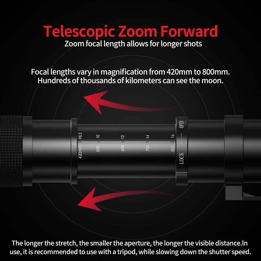 عدسة تكبير تليفوتوغرافي يدوية 420-800 مم f/8.3 هذا العدسة متوافقة مع كاميرات Canon وNikon وSony، مما يجعلها اختيارًا مثاليًا #4