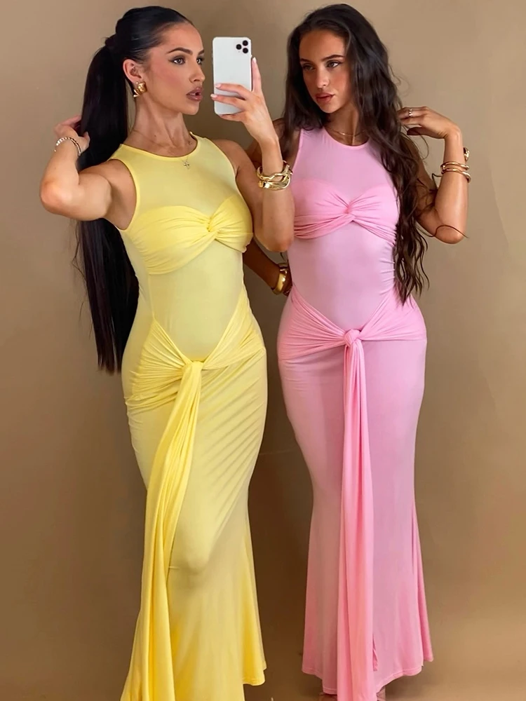 Sifreyr Lace-up Sexy Maxi Dress Women Fashion Sleeveless Twist Summer Beach Sundress Solid Long Bodycon Dresses Vestidos