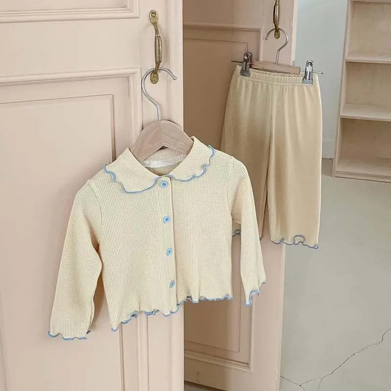 

2026 Spring New Baby Long Sleeve Home Clothes Set Girls Cute Lapel Cardigan + Pants 2pcs Suit Toddler Waffle Pajamas Outfits