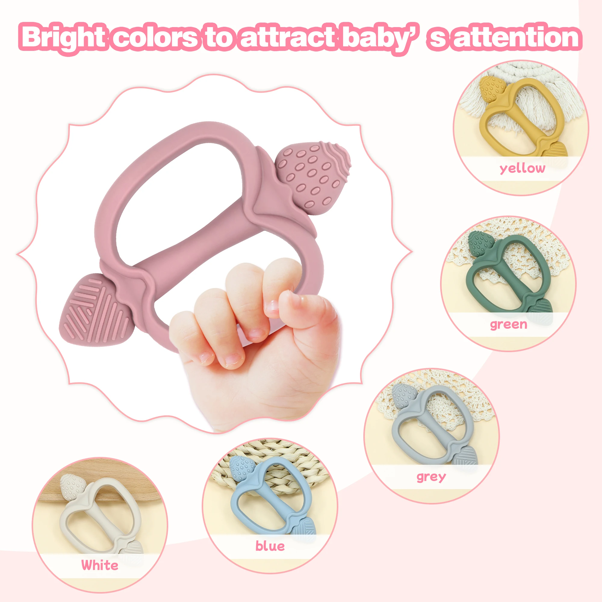 Easy-grip baby teether, strawberry-shaped teether, multi-textured design, food-grade silicone, BPA-free, a great newborn gift.