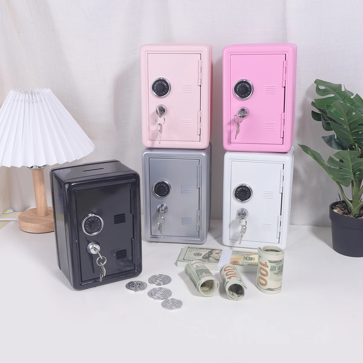 1 PC Solid Color Coin-Operated Metal Piggy Bank, Secure Cash Storage Box with Combination Lock Key, desktop Decoration Product