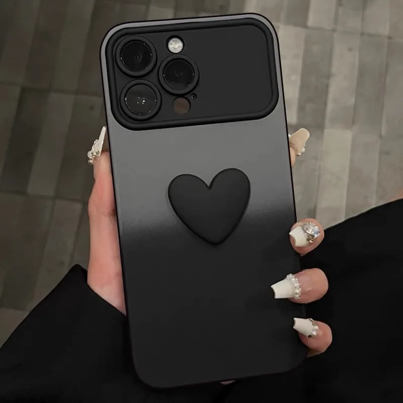 Caso de telefone macio à prova de choque com janela grande, coração do amor, cor gradiente, proteção de lente, bonito 3D capa para iphone 15, 14,