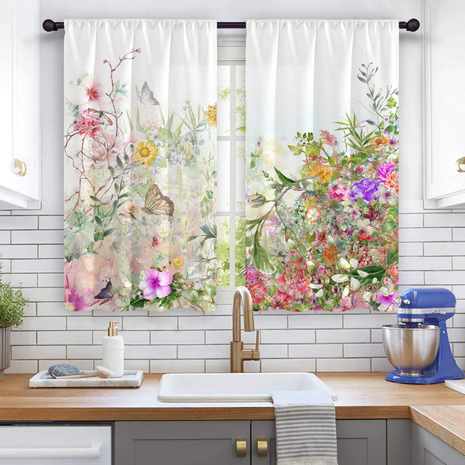 2pcs Soft and Elegant Watercolor Floral Semi-blackout Curtains Above Kitchen Sink for Home Bedroom and Living Room Shade Cloth