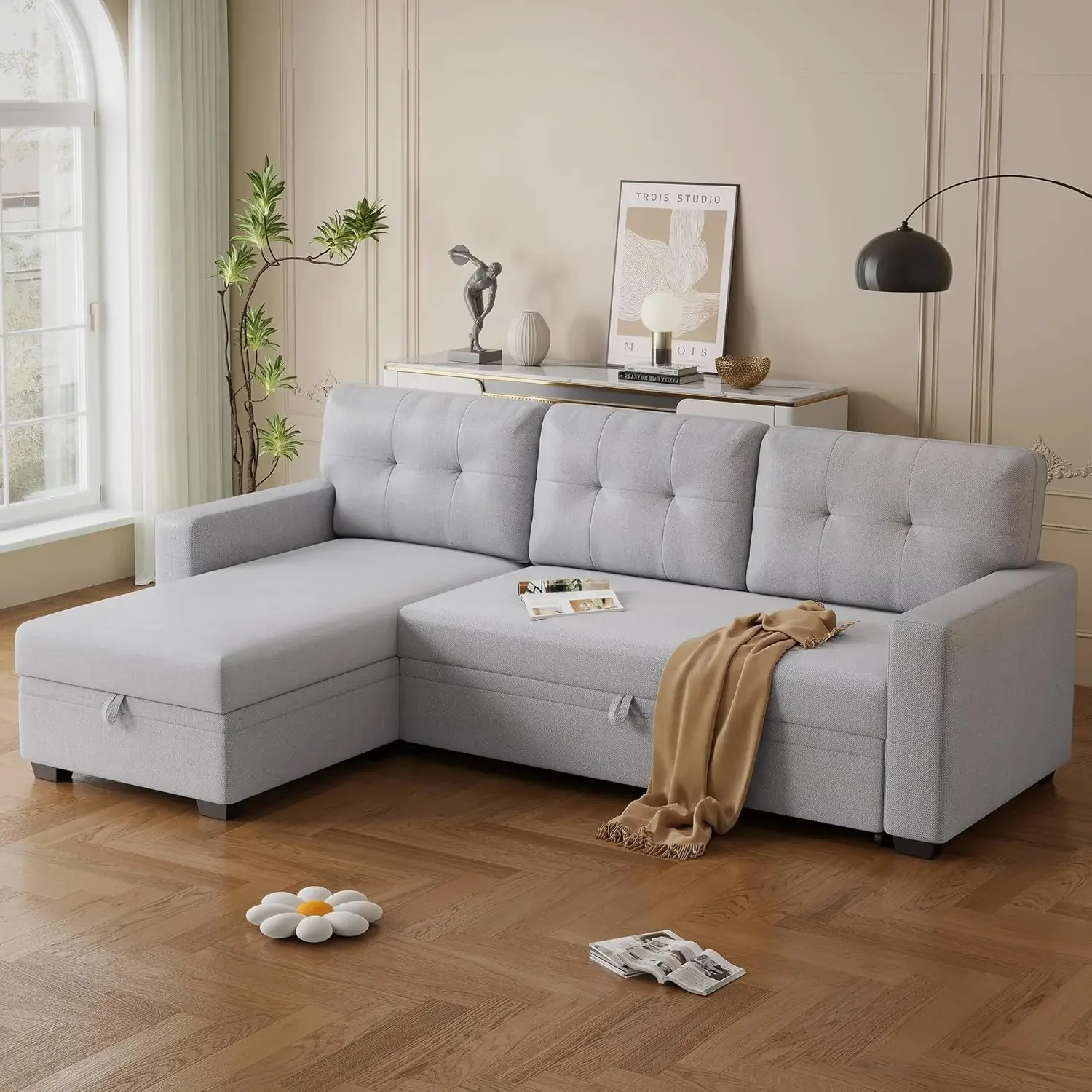 Couch L-Shape Convertible Sectional Sofa Twin Size Sleeper with Storage Chaise and Pull Out Bed for Home Living Room Apartment