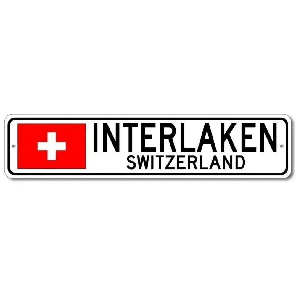 [2D Flat] 1pc Customizable Swiss Town Vintage Aluminum Wall Sign European Travel Cafe Bar Backyard Outdoor Decor, Decorative Onl