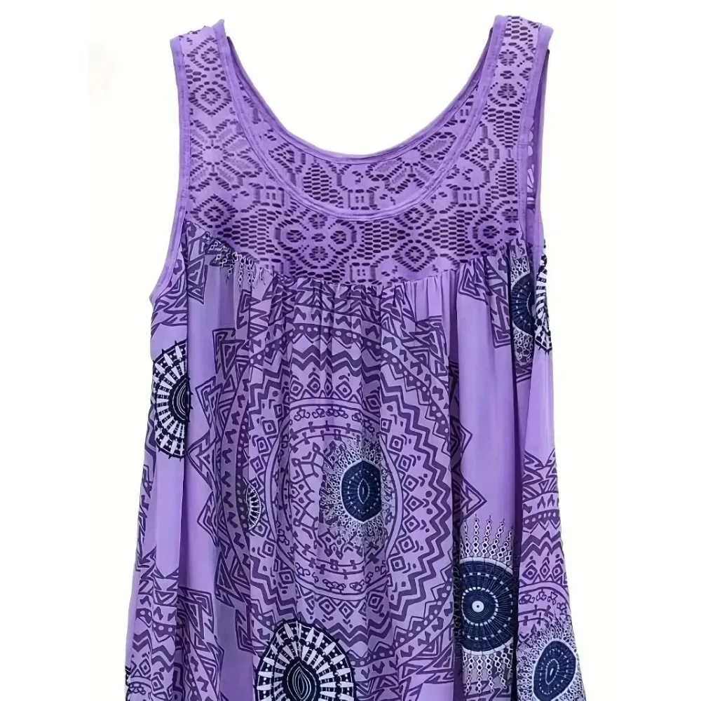 Plus Size 1XL-5XL Women\'s Sleeveless Dress Lace Panel Printing Sleeveless Large Hem Vest Dress Comfortable dresses in hot demand